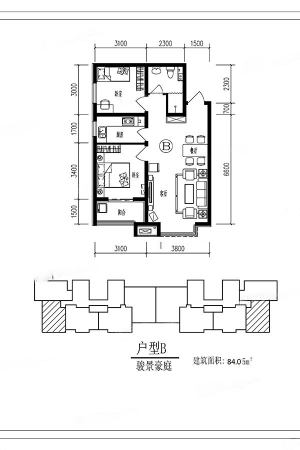 骏景豪庭4#标准层02户型-2室2厅1卫1厨建筑面积84.05平米