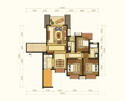 太阳公元(成都)二期4栋标准层C5a户型-3室2厅2卫1厨建筑面积135.00平米