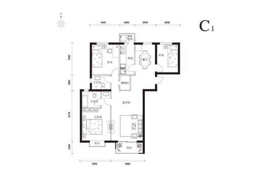 上林溪南区C1户型-3室2厅2卫1厨建筑面积128.00平米