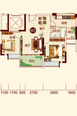 日华坊二期1幢03户型-2室2厅1卫1厨建筑面积82.00平米