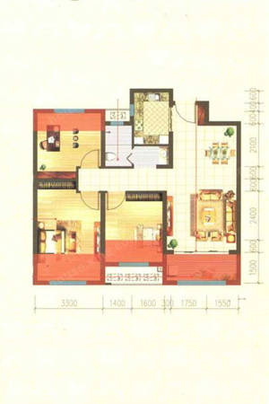 香榭水岸C户型-3室2厅1卫1厨建筑面积85.00平米