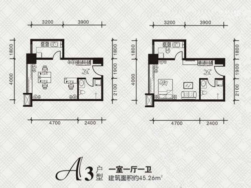 新城IDA3户型-1室1厅1卫1厨建筑面积45.26平米