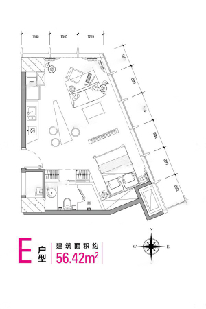 新源蜂巢21-25层公寓E户型图-1室1厅1卫1厨建筑面积56.42平米