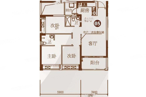 德瑞花园1栋05户型-3室2厅2卫1厨建筑面积94.00平米