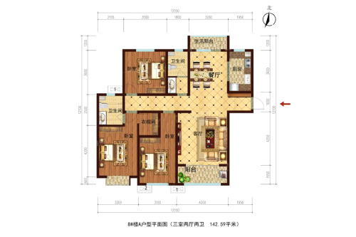 丽阳小区8#A户型-3室2厅2卫1厨建筑面积142.59平米