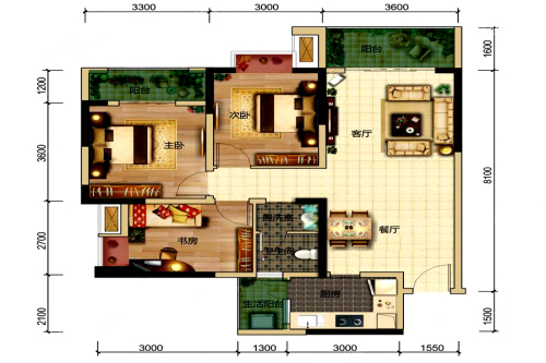 汇景新城5#标准层I3户型-3室2厅1卫1厨建筑面积97.03平米