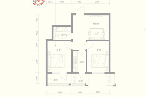 世代公园里I户型-2室1厅1卫1厨建筑面积64.61平米