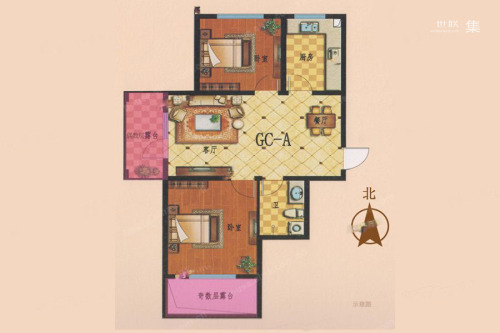 步阳江南甲第三期GC-A户型-2室2厅1卫1厨建筑面积84.00平米