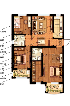 翠微林屿1#2#4#5#6#标准层C户型-3室2厅2卫1厨建筑面积127.00平米