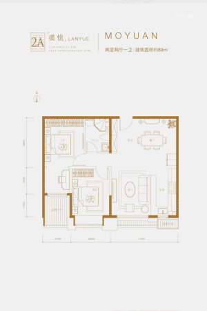 华瞰·墨园2A户型图-2室2厅1卫1厨建筑面积89.00平米