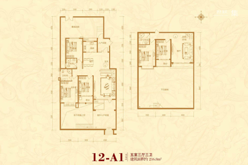良城国际二期洋房12#一层A1户型-5室3厅3卫1厨建筑面积216.80平米