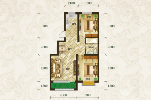 吉森漫桦林一期E户型-一期E户型-2室2厅1卫1厨建筑面积87.00平米
