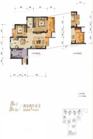 棠湖清江花语一期B4-3、B4-3a户型标准层-2室2厅1卫1厨建筑面积83.87平米