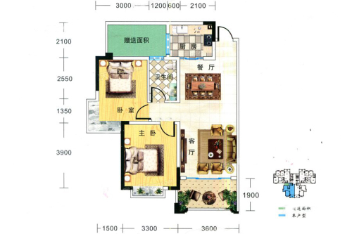 宏瑞新城C#D#82平两房户型-2室2厅2卫1厨建筑面积82.00平米