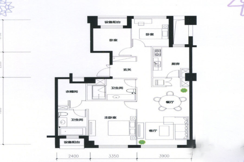 积水·裕沁听月轩A1-5a户型-3室2厅2卫1厨建筑面积142.63平米