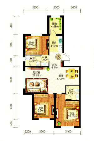 东方新天地三期E户型-3室2厅2卫1厨建筑面积119.00平米