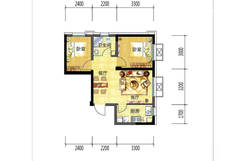 盾安·新一尚品4#F户型-2室2厅1卫1厨建筑面积61.78平米