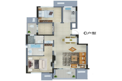 骋望云邸一期1-12#标准层C户型-3室2厅2卫1厨建筑面积110.00平米
