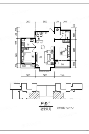 骏景豪庭4#标准层04户型-2室2厅1卫1厨建筑面积91.37平米