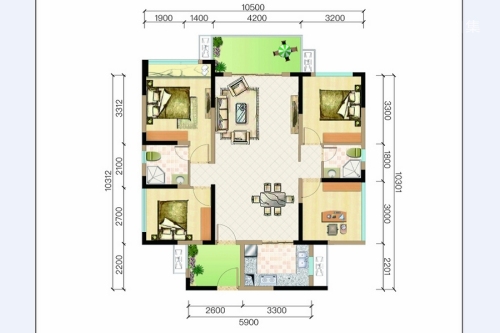 天来汇景3#标准层D2户型-4室2厅2卫1厨建筑面积119.27平米