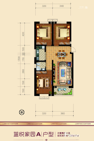 蓝悦家园所有楼号标准层A户型-3室2厅1卫1厨建筑面积106.71平米