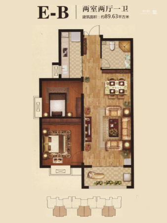 龙溪城14#15#标准层E-B户型-2室2厅1卫1厨建筑面积89.63平米