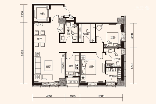 华府新天地B3#A户型-3室2厅2卫1厨建筑面积136.91平米