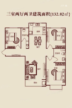 天伦锦城三期3#4#5#B户型-3室2厅2卫1厨建筑面积132.82平米