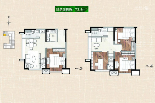 唐延公馆C户型73.8平-4室2厅2卫1厨建筑面积73.80平米