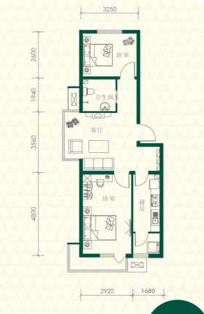 丽江苑L3户型-2室1厅1卫1厨建筑面积68.00平米