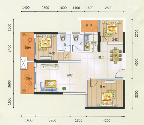 领秀一方一期E2户型-3室2厅2卫1厨建筑面积111.66平米