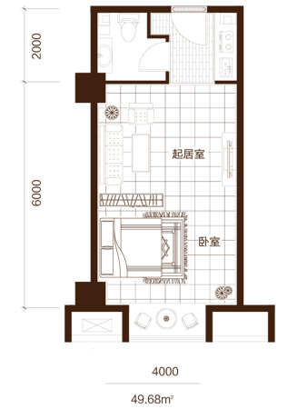 锦地SOHOA户型公寓户型-A户型公寓户型-1室0厅1卫0厨建筑面积49.68平米