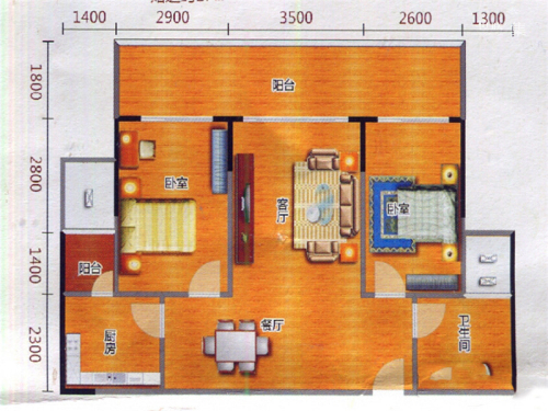 桐洋新城二期37#38#H2户型-2室2厅1卫1厨建筑面积102.71平米