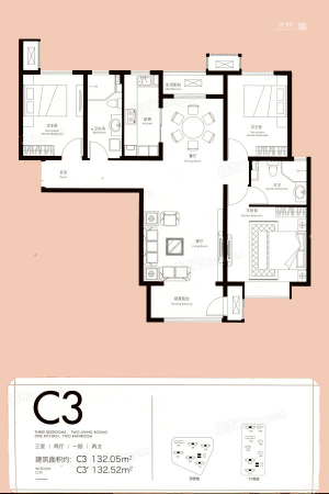 东南智汇城5号地和11号地C3户型-3室2厅2卫1厨建筑面积132.05平米