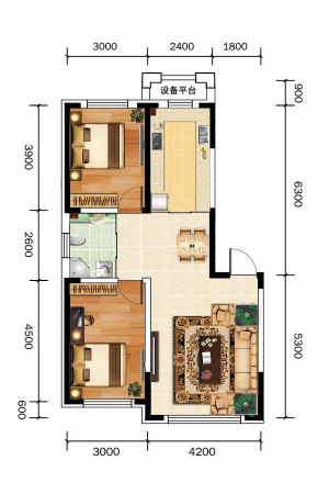 万龙世纪城A2户型-2室2厅1卫1厨建筑面积85.00平米