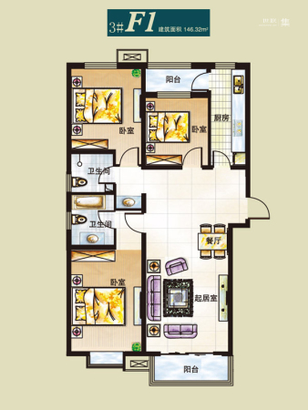 弘石湾3#标准层F1户型-3室2厅2卫1厨建筑面积146.32平米