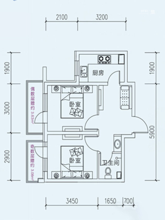 海伦堡A座D户型-2室1厅1卫1厨建筑面积50.00平米