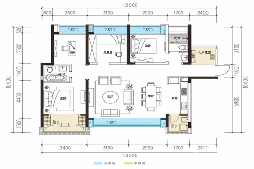 珠江青云台一期1、2号楼标准层A户型-4室2厅2卫1厨建筑面积127.00平米