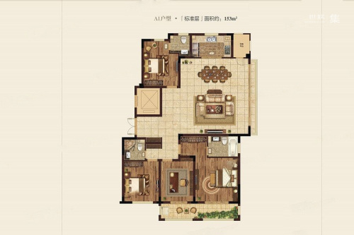高科紫微堂项目153平A1户型-4室2厅3卫1厨建筑面积153.00平米