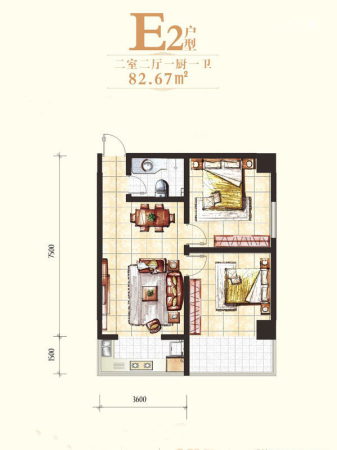 丰禾壹号1号楼E2户型-2室2厅1卫1厨建筑面积82.67平米
