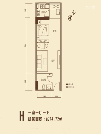 京都国际3号楼H户型54.72平-1室1厅1卫1厨建筑面积54.72平米
