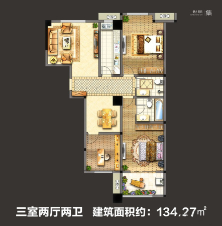 泽星·雅龙湾1#楼D户型-3室2厅2卫1厨建筑面积134.27平米