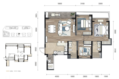 COSMO天廊2号楼标准层D'户型-3室2厅2卫1厨建筑面积107.00平米