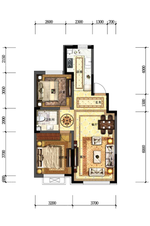 金色橄榄城三期三期D2户型图-2室2厅1卫1厨建筑面积84.33平米