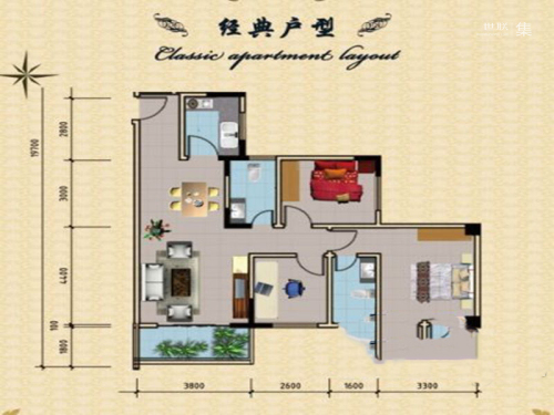 汇联·海湾明珠二期B2户型-3室2厅2卫1厨建筑面积100.38平米