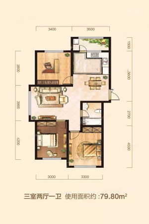 桐楠格领誉B3-3户型-3室2厅1卫1厨建筑面积123.05平米