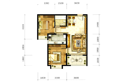 九宫馆1#B户型-2室2厅1卫1厨建筑面积89.41平米