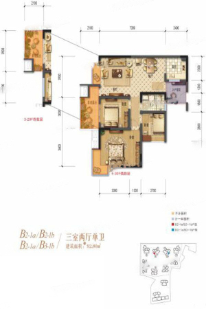 棠湖清江花语B2-1a、B2-1b、B3-1a、1b-3室2厅1卫1厨建筑面积92.80平米