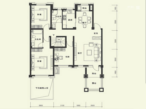 康华·朗香邸A2户型-3室2厅2卫1厨建筑面积134.00平米