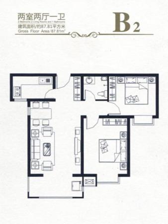 高新香江岸1#-6#B2户型-2室2厅1卫1厨建筑面积87.81平米